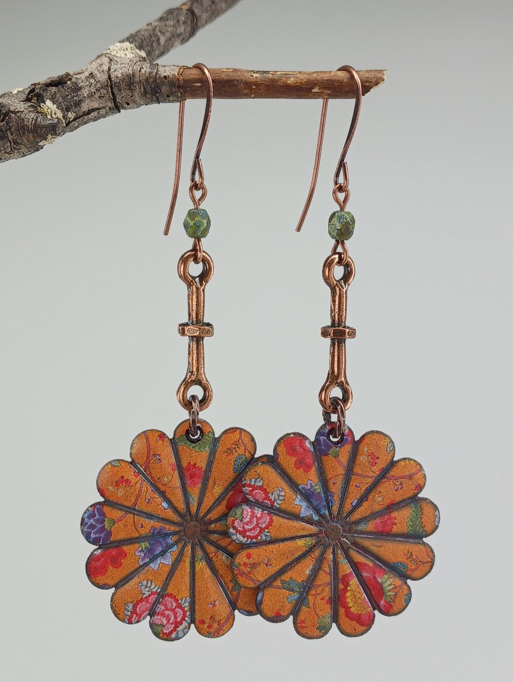 Burnt Orange Floral Earrings Antiqued Copper Green Glass Hand Crafted - Picture 4 of 6